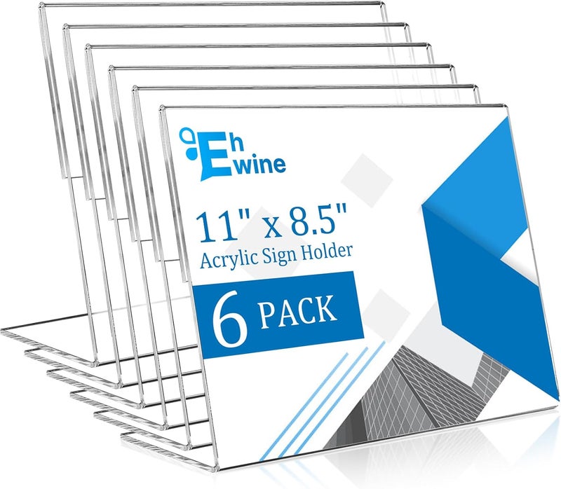EHWINE 6 Pack 8.5 x 11 Acrylic Sign Holder Horizontal, Clear Plastic Signs Display Stand, Slanted Back Paper Holder Stand up Table Top Sign Holders Flyer Stand Frames for Office Business Store - Image 1